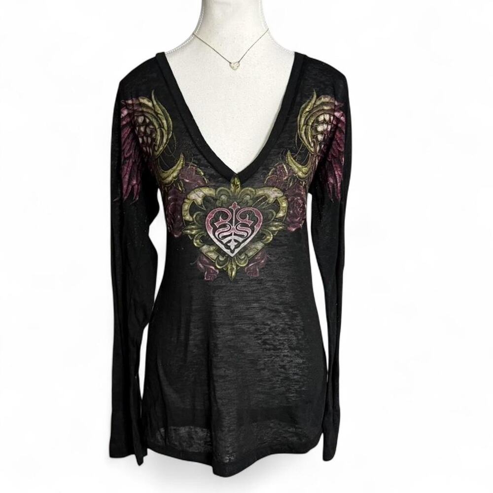 Sinful Affliction Black Sheer Gothic Grunge Y2K Vintage Long sleeve size large